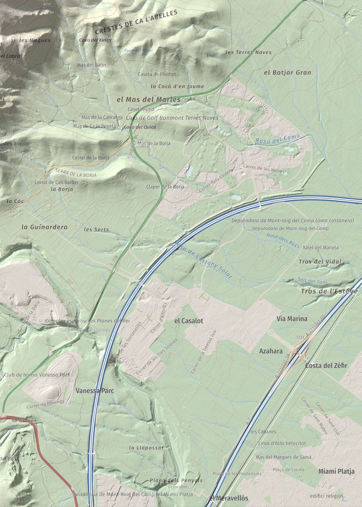 Mapa de relieve de Puig de la Cabrafiga, 614 m, Baix Camp, lámina 100 Cims de Trobart. Detalle de la zona inferior derecha. 50 × 70 cm.
