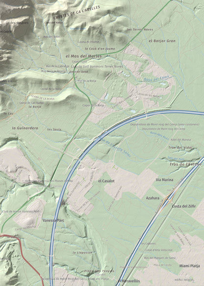 Mapa de relieve de Puig de la Cabrafiga, 614 m, Baix Camp, lámina 100 Cims de Trobart. Detalle de la zona inferior derecha. 50 × 70 cm.