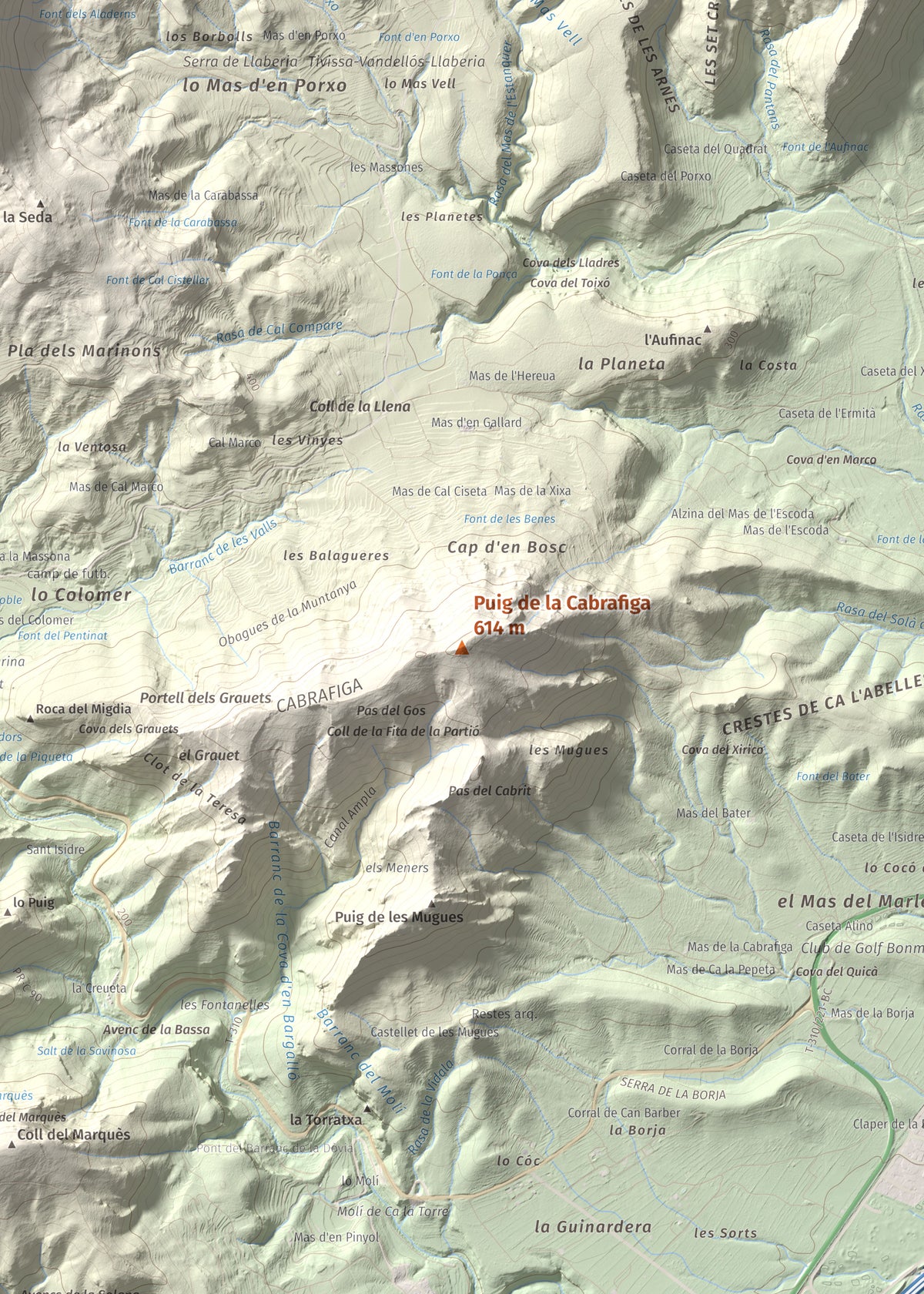 Mapa de relieve de Puig de la Cabrafiga, 614 m, Baix Camp, lámina 100 Cims de Trobart. Detalle de la zona central. 50 × 70 cm.