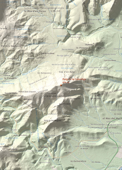 Mapa de relieve de Puig de la Cabrafiga, 614 m, Baix Camp, lámina 100 Cims de Trobart. Detalle de la zona central. 50 × 70 cm.