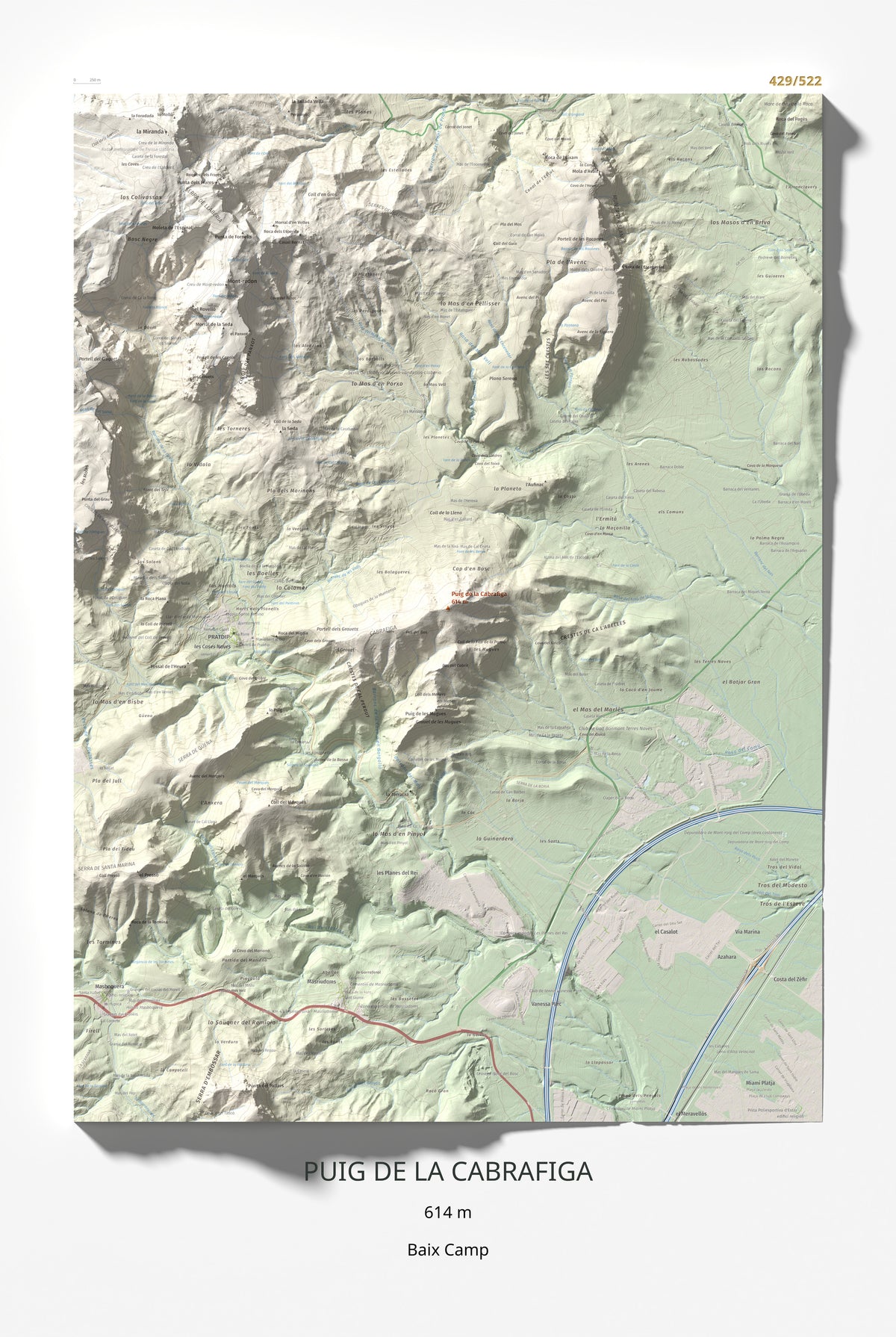 Mapa de relieve de Puig de la Cabrafiga, 614 m, Baix Camp, lámina 100 Cims de Trobart 61 × 91 cm.