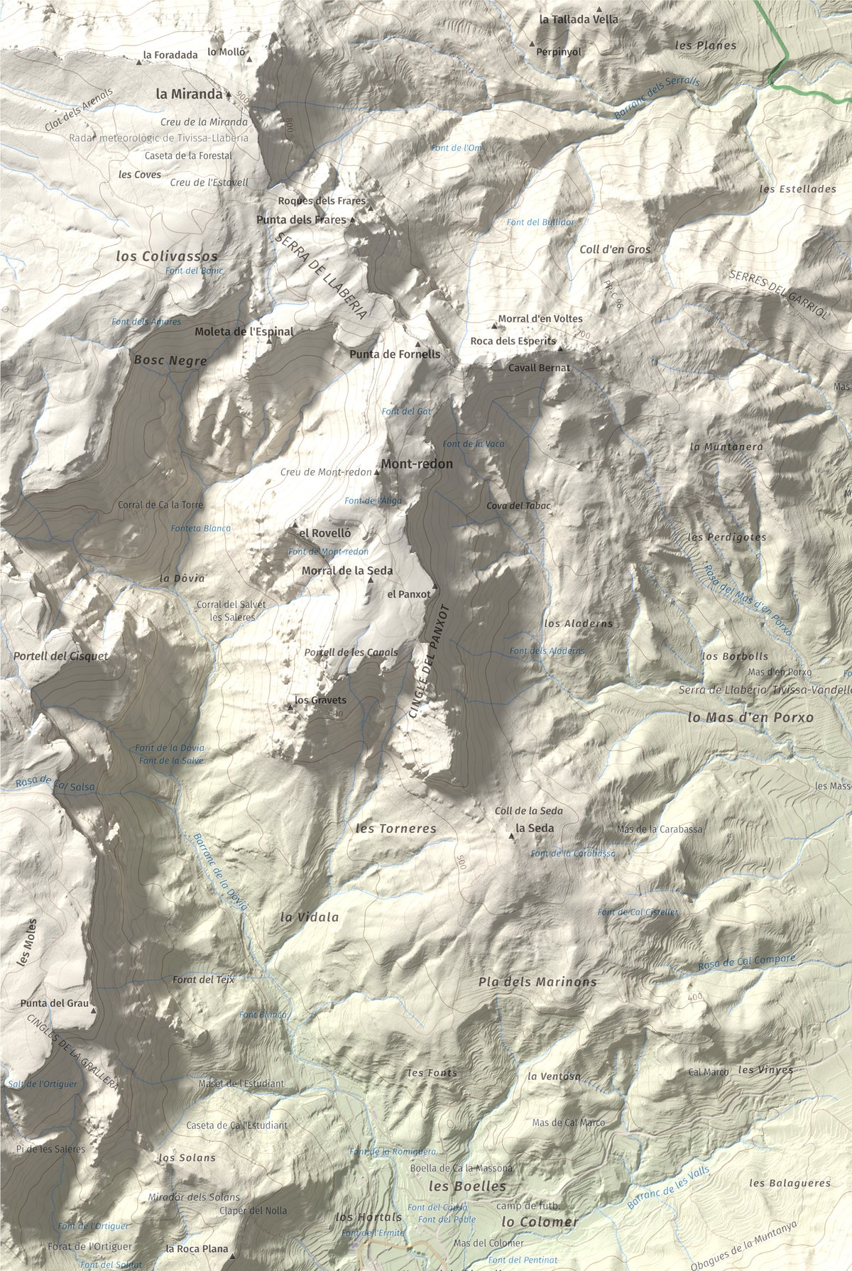 Mapa de relieve de Puig de la Cabrafiga, 614 m, Baix Camp, lámina 100 Cims de Trobart. Detalle de la zona superior izquierda. 61 × 91 cm.