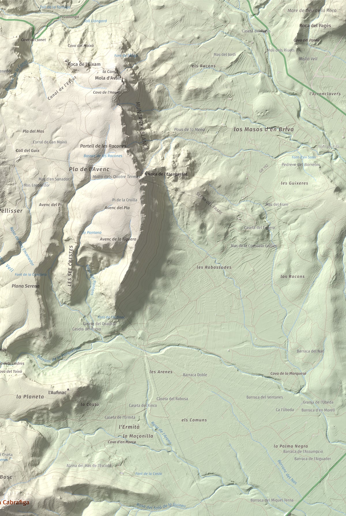 Mapa de relieve de Puig de la Cabrafiga, 614 m, Baix Camp, lámina 100 Cims de Trobart. Detalle de la zona superior derecha. 61 × 91 cm.