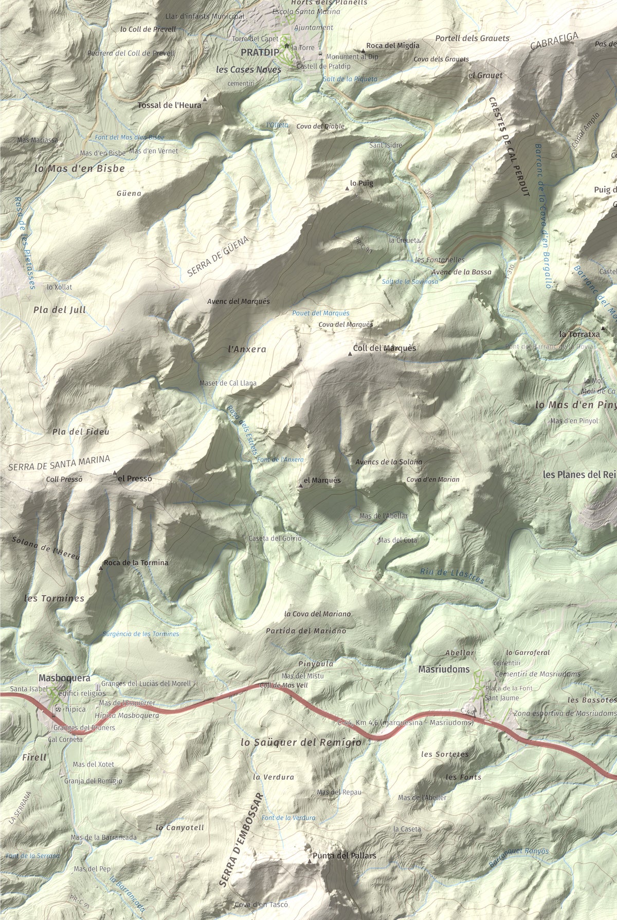 Mapa de relieve de Puig de la Cabrafiga, 614 m, Baix Camp, lámina 100 Cims de Trobart. Detalle de la zona inferior izquierda. 61 × 91 cm.