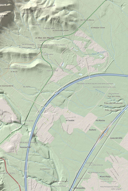 Mapa de relieve de Puig de la Cabrafiga, 614 m, Baix Camp, lámina 100 Cims de Trobart. Detalle de la zona inferior derecha. 61 × 91 cm.
