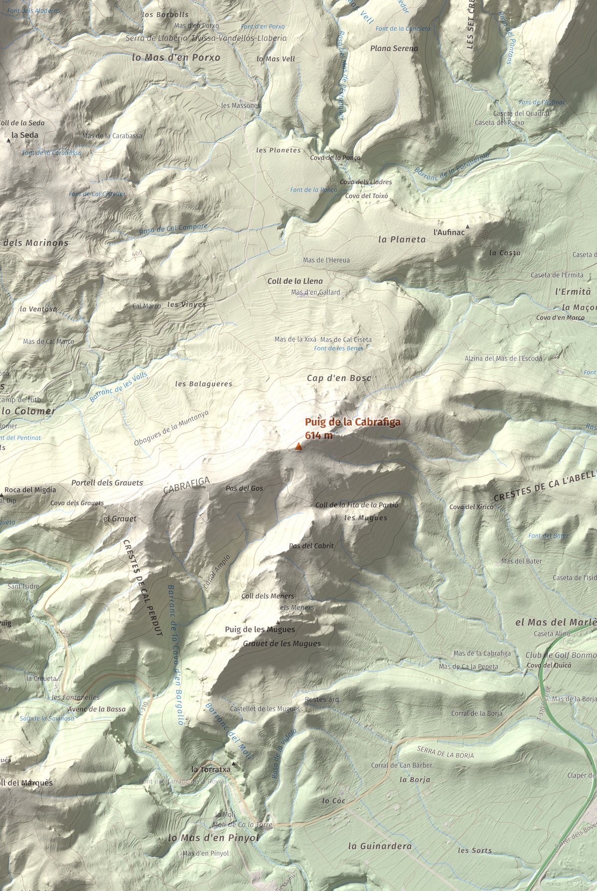 Mapa de relieve de Puig de la Cabrafiga, 614 m, Baix Camp, lámina 100 Cims de Trobart. Detalle de la zona central. 61 × 91 cm.