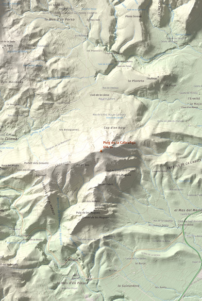 Mapa de relieve de Puig de la Cabrafiga, 614 m, Baix Camp, lámina 100 Cims de Trobart. Detalle de la zona central. 61 × 91 cm.