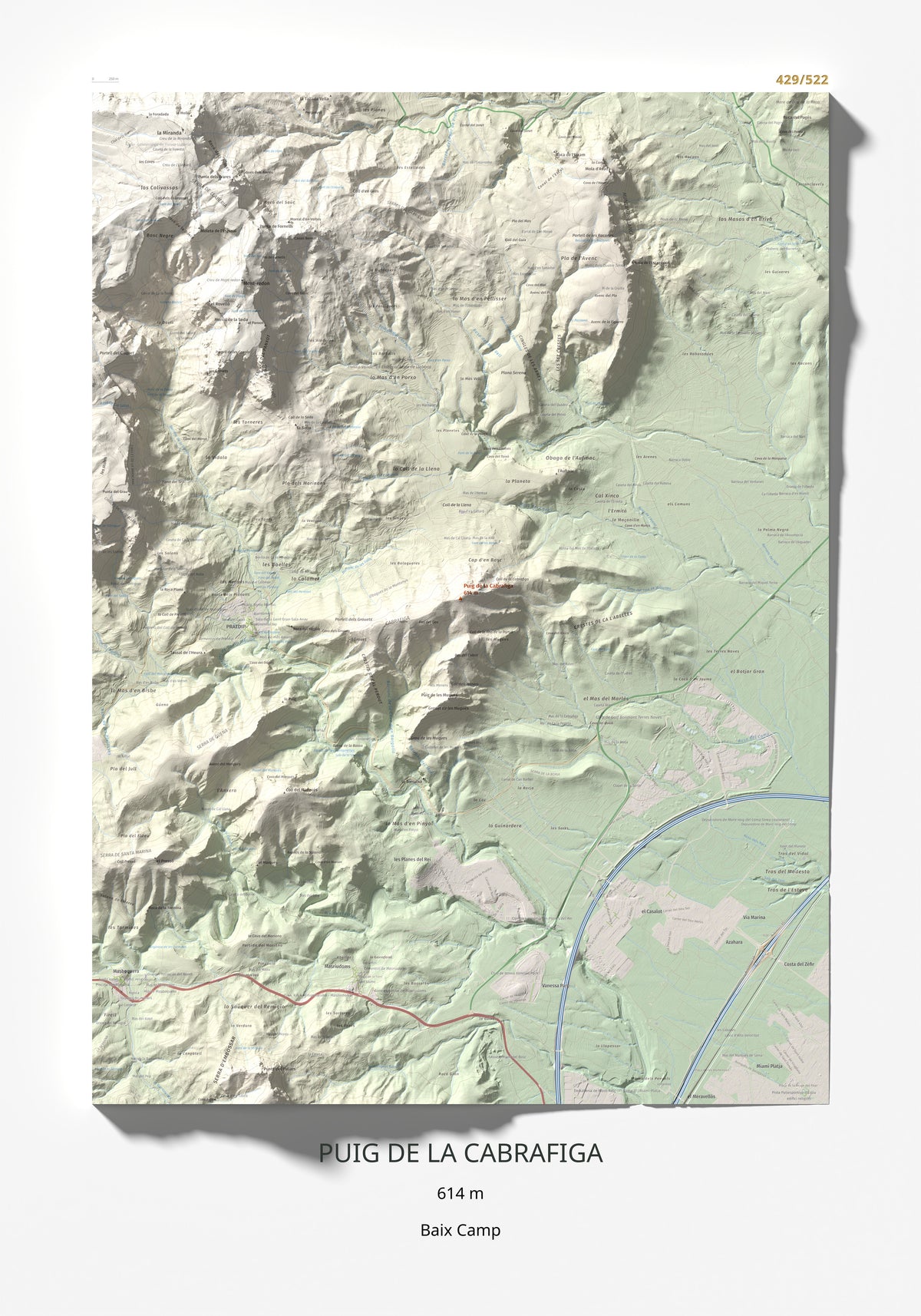 Mapa de relieve de Puig de la Cabrafiga, 614 m, Baix Camp, lámina 100 Cims de Trobart 70 × 100 cm.