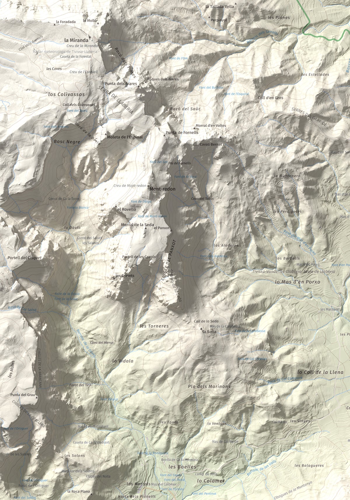 Mapa de relieve de Puig de la Cabrafiga, 614 m, Baix Camp, lámina 100 Cims de Trobart. Detalle de la zona superior izquierda. 70 × 100 cm.