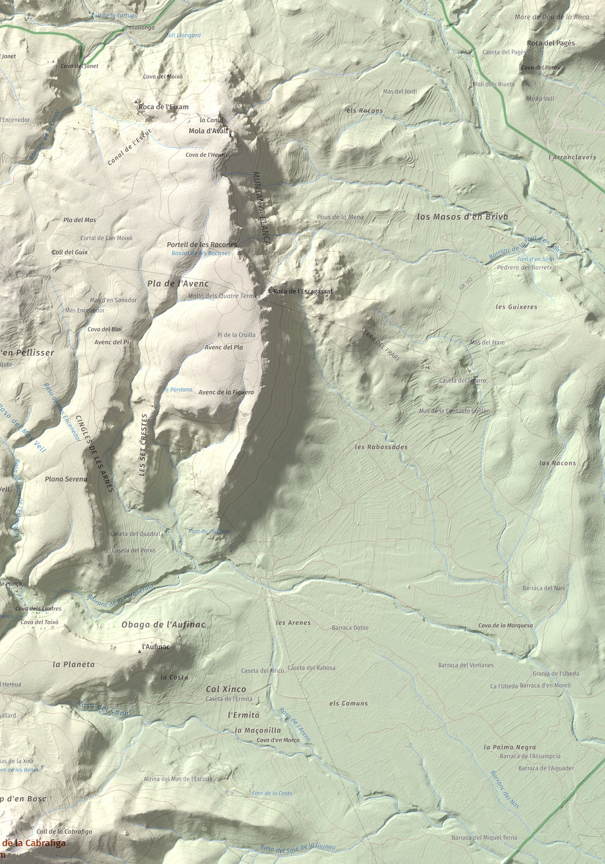 Mapa de relieve de Puig de la Cabrafiga, 614 m, Baix Camp, lámina 100 Cims de Trobart. Detalle de la zona superior derecha. 70 × 100 cm.