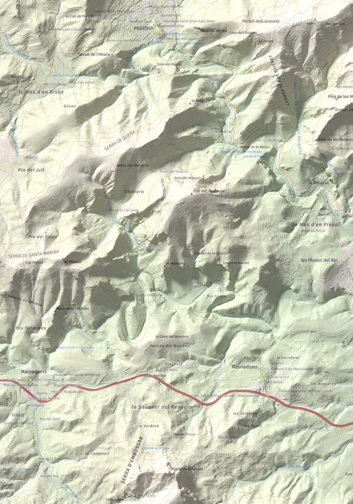 Mapa de relieve de Puig de la Cabrafiga, 614 m, Baix Camp, lámina 100 Cims de Trobart. Detalle de la zona inferior izquierda. 70 × 100 cm.