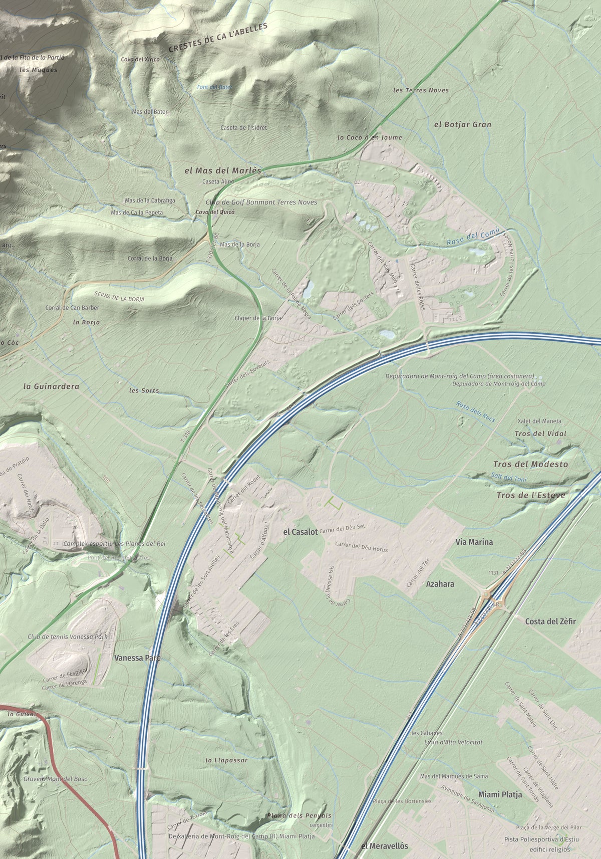 Mapa de relieve de Puig de la Cabrafiga, 614 m, Baix Camp, lámina 100 Cims de Trobart. Detalle de la zona inferior derecha. 70 × 100 cm.