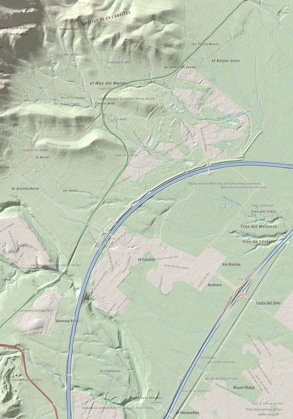 Mapa de relieve de Puig de la Cabrafiga, 614 m, Baix Camp, lámina 100 Cims de Trobart. Detalle de la zona inferior derecha. 70 × 100 cm.