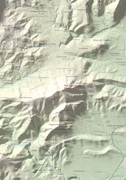 Mapa de relieve de Puig de la Cabrafiga, 614 m, Baix Camp, lámina 100 Cims de Trobart. Detalle de la zona central. 70 × 100 cm.