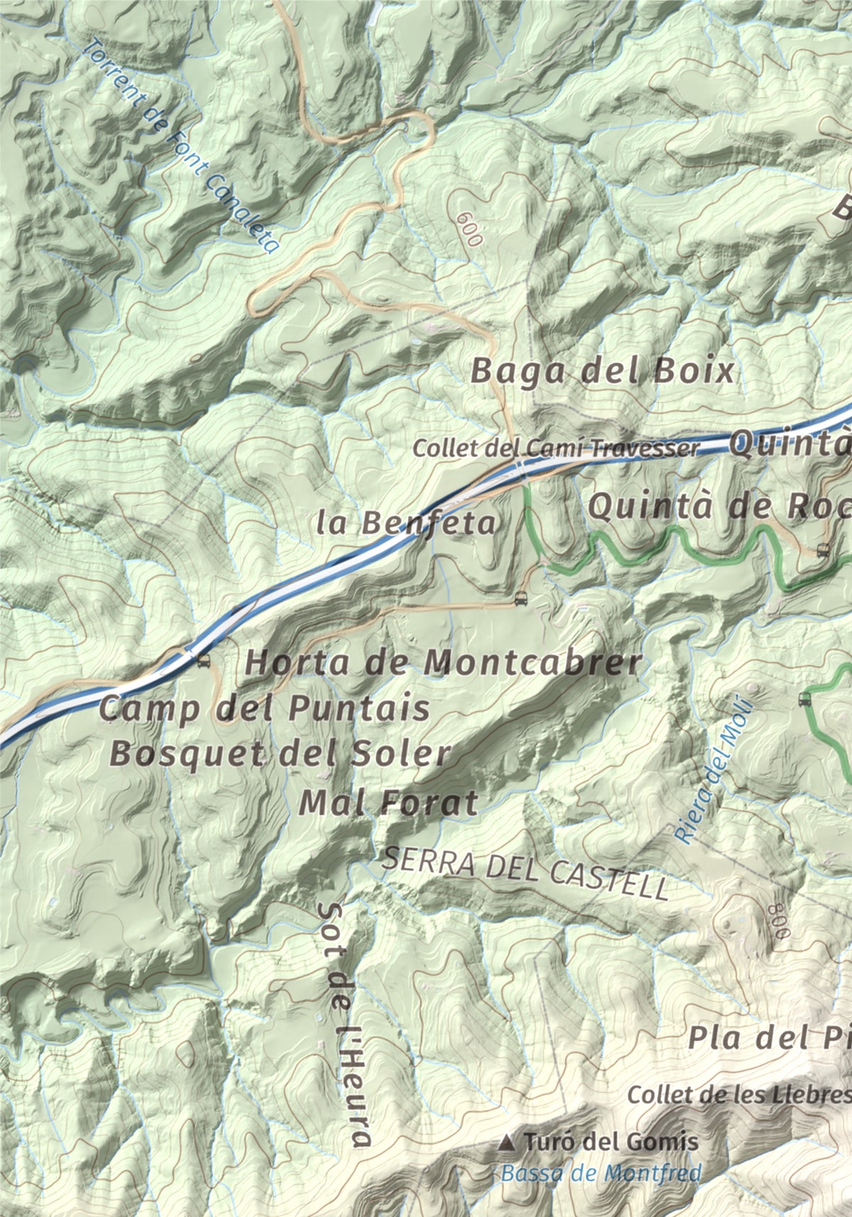 Mapa de relieve de Puig de la Caritat, 1010 m, Moianès, lámina 100 Cims de Trobart. Detalle de la zona superior izquierda. 21 × 30 cm.