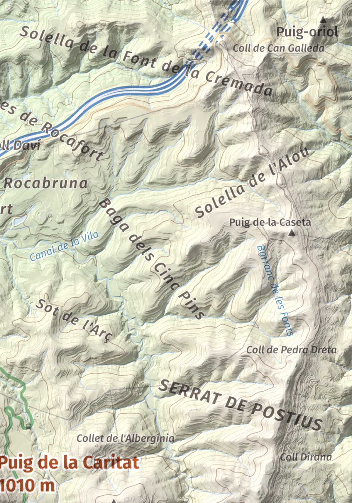 Mapa de relieve de Puig de la Caritat, 1010 m, Moianès, lámina 100 Cims de Trobart. Detalle de la zona superior derecha. 21 × 30 cm.