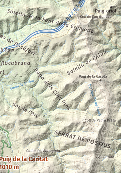 Mapa de relieve de Puig de la Caritat, 1010 m, Moianès, lámina 100 Cims de Trobart. Detalle de la zona superior derecha. 21 × 30 cm.