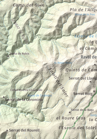Mapa de relieve de Puig de la Caritat, 1010 m, Moianès, lámina 100 Cims de Trobart. Detalle de la zona inferior izquierda. 21 × 30 cm.