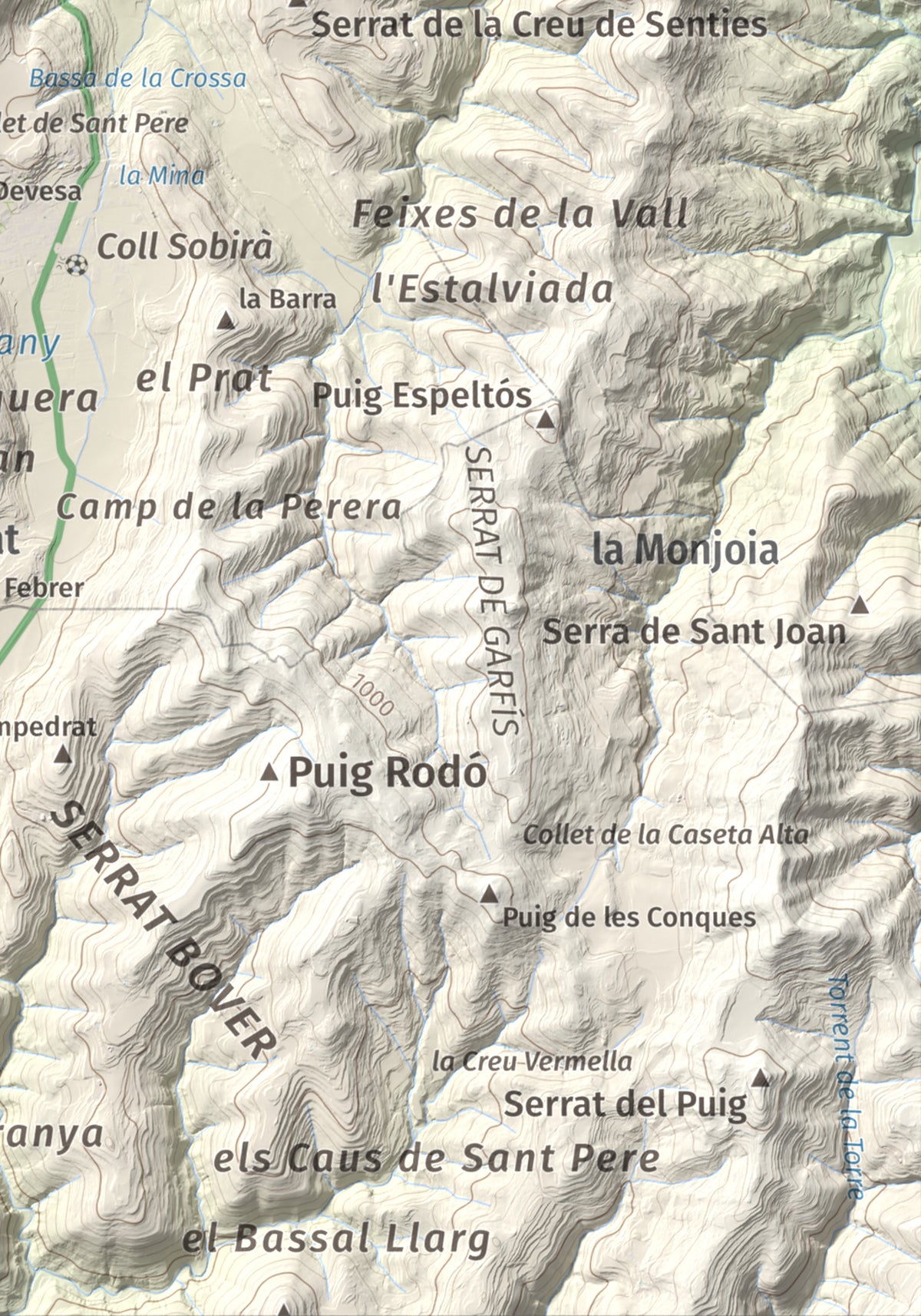 Mapa de relieve de Puig de la Caritat, 1010 m, Moianès, lámina 100 Cims de Trobart. Detalle de la zona inferior derecha. 21 × 30 cm.