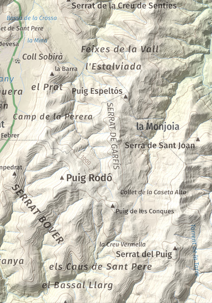 Mapa de relieve de Puig de la Caritat, 1010 m, Moianès, lámina 100 Cims de Trobart. Detalle de la zona inferior derecha. 21 × 30 cm.