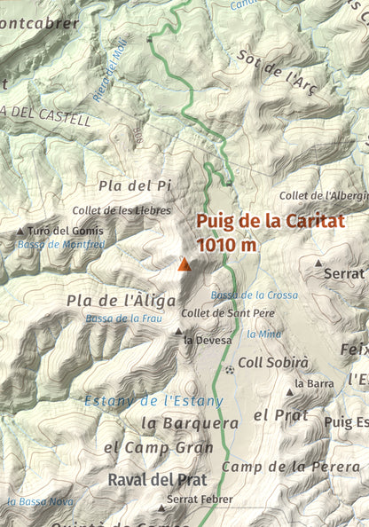 Mapa de relieve de Puig de la Caritat, 1010 m, Moianès, lámina 100 Cims de Trobart. Detalle de la zona central. 21 × 30 cm.