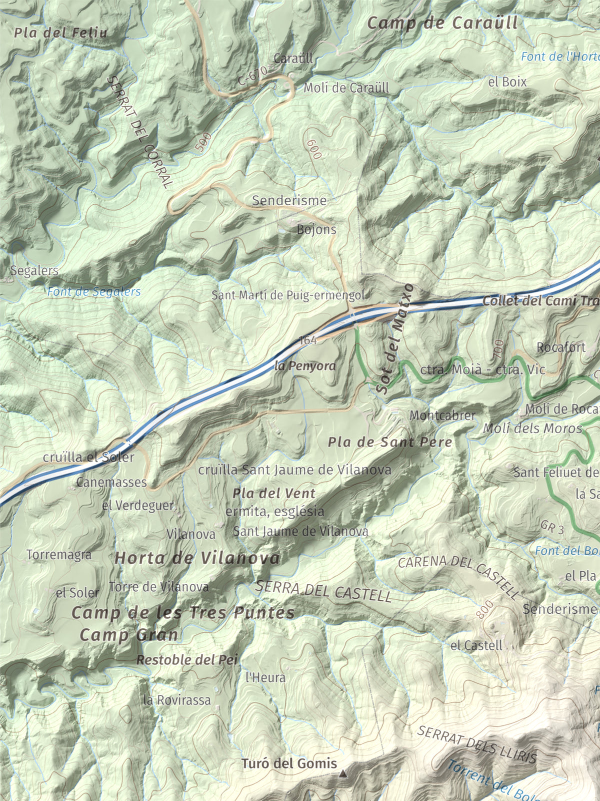 Mapa de relieve de Puig de la Caritat, 1010 m, Moianès, lámina 100 Cims de Trobart. Detalle de la zona superior izquierda. 30 × 40 cm.