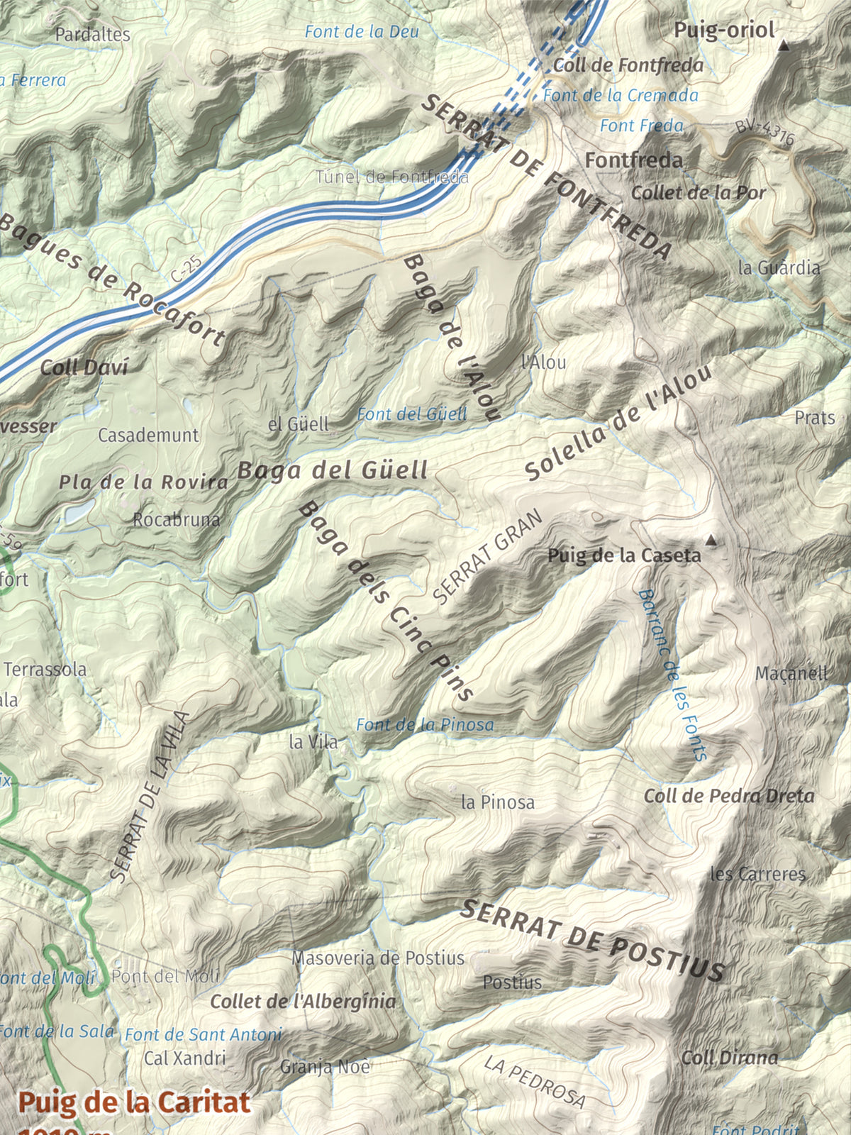 Mapa de relieve de Puig de la Caritat, 1010 m, Moianès, lámina 100 Cims de Trobart. Detalle de la zona superior derecha. 30 × 40 cm.