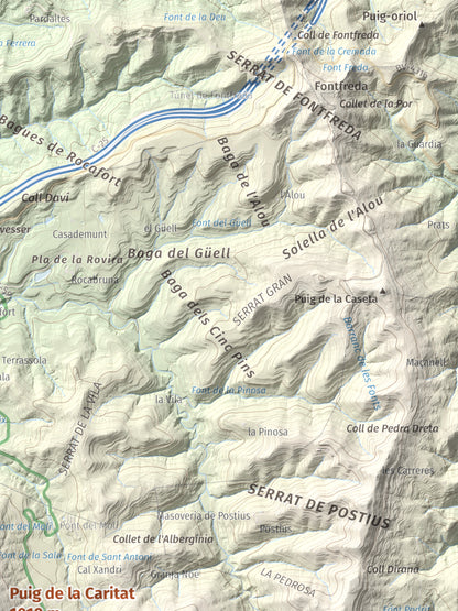 Mapa de relieve de Puig de la Caritat, 1010 m, Moianès, lámina 100 Cims de Trobart. Detalle de la zona superior derecha. 30 × 40 cm.