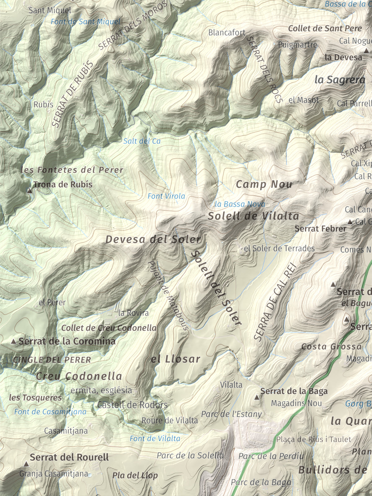 Mapa de relieve de Puig de la Caritat, 1010 m, Moianès, lámina 100 Cims de Trobart. Detalle de la zona inferior izquierda. 30 × 40 cm.