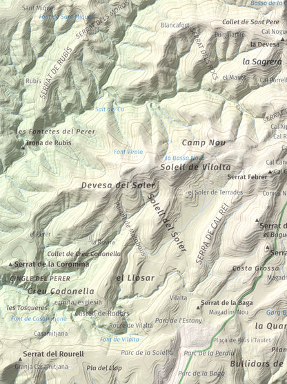 Mapa de relieve de Puig de la Caritat, 1010 m, Moianès, lámina 100 Cims de Trobart. Detalle de la zona inferior izquierda. 30 × 40 cm.