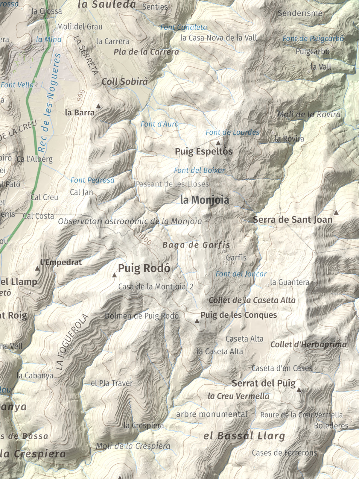 Mapa de relieve de Puig de la Caritat, 1010 m, Moianès, lámina 100 Cims de Trobart. Detalle de la zona inferior derecha. 30 × 40 cm.