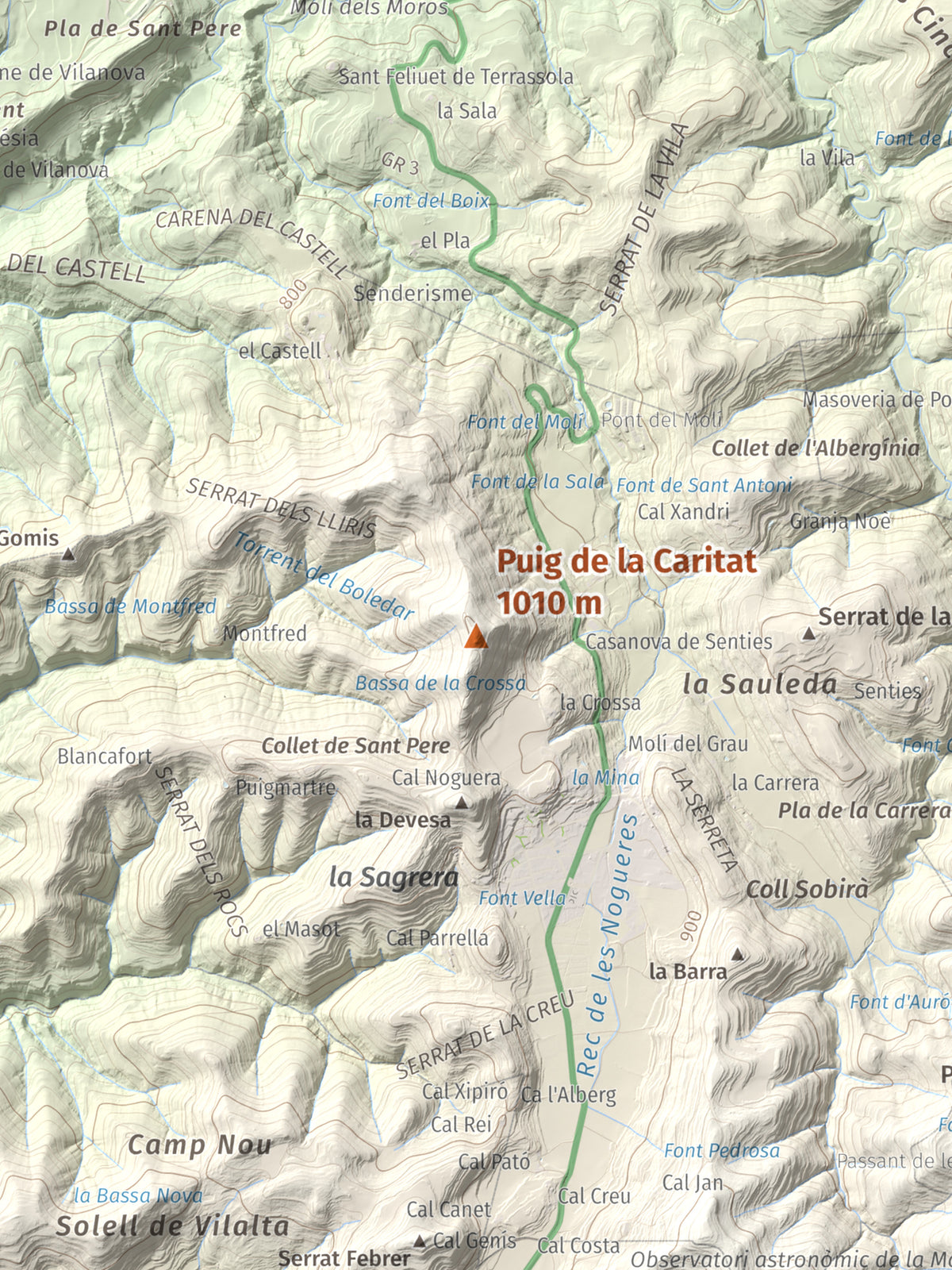 Mapa de relieve de Puig de la Caritat, 1010 m, Moianès, lámina 100 Cims de Trobart. Detalle de la zona central. 30 × 40 cm.