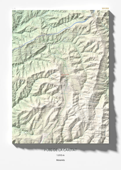 Mapa de relieve de Puig de la Caritat, 1010 m, Moianès, lámina 100 Cims de Trobart 50 × 70 cm.