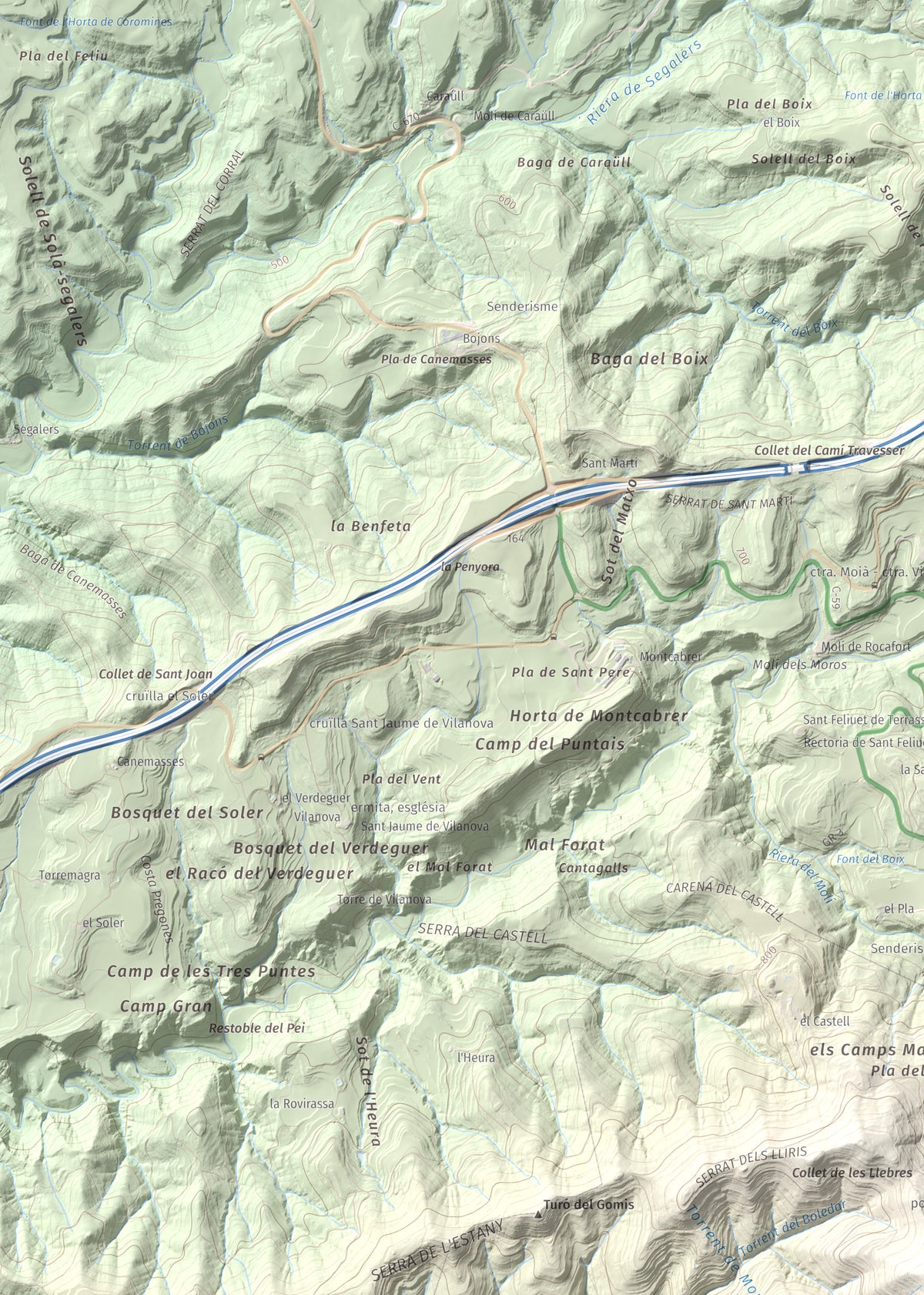 Mapa de relieve de Puig de la Caritat, 1010 m, Moianès, lámina 100 Cims de Trobart. Detalle de la zona superior izquierda. 50 × 70 cm.