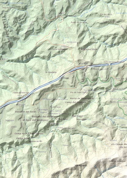 Mapa de relieve de Puig de la Caritat, 1010 m, Moianès, lámina 100 Cims de Trobart. Detalle de la zona superior izquierda. 50 × 70 cm.