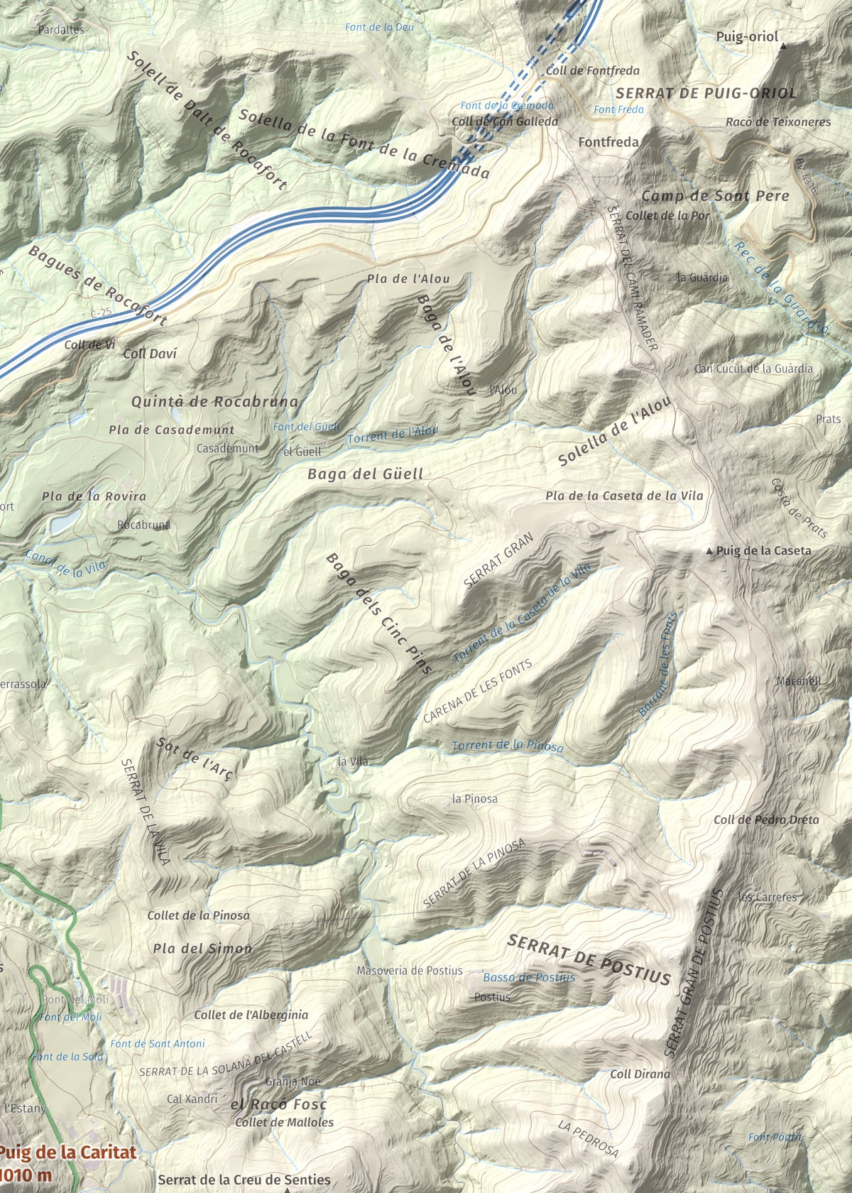 Mapa de relieve de Puig de la Caritat, 1010 m, Moianès, lámina 100 Cims de Trobart. Detalle de la zona superior derecha. 50 × 70 cm.