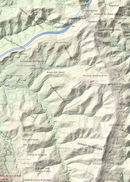 Mapa de relieve de Puig de la Caritat, 1010 m, Moianès, lámina 100 Cims de Trobart. Detalle de la zona superior derecha. 50 × 70 cm.