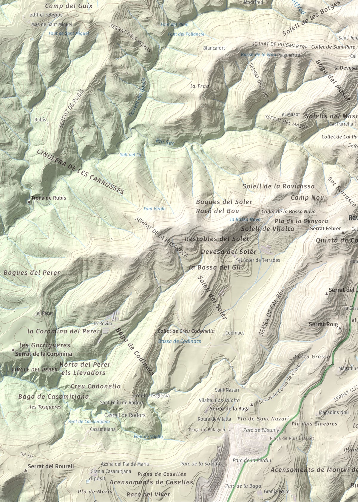 Mapa de relieve de Puig de la Caritat, 1010 m, Moianès, lámina 100 Cims de Trobart. Detalle de la zona inferior izquierda. 50 × 70 cm.