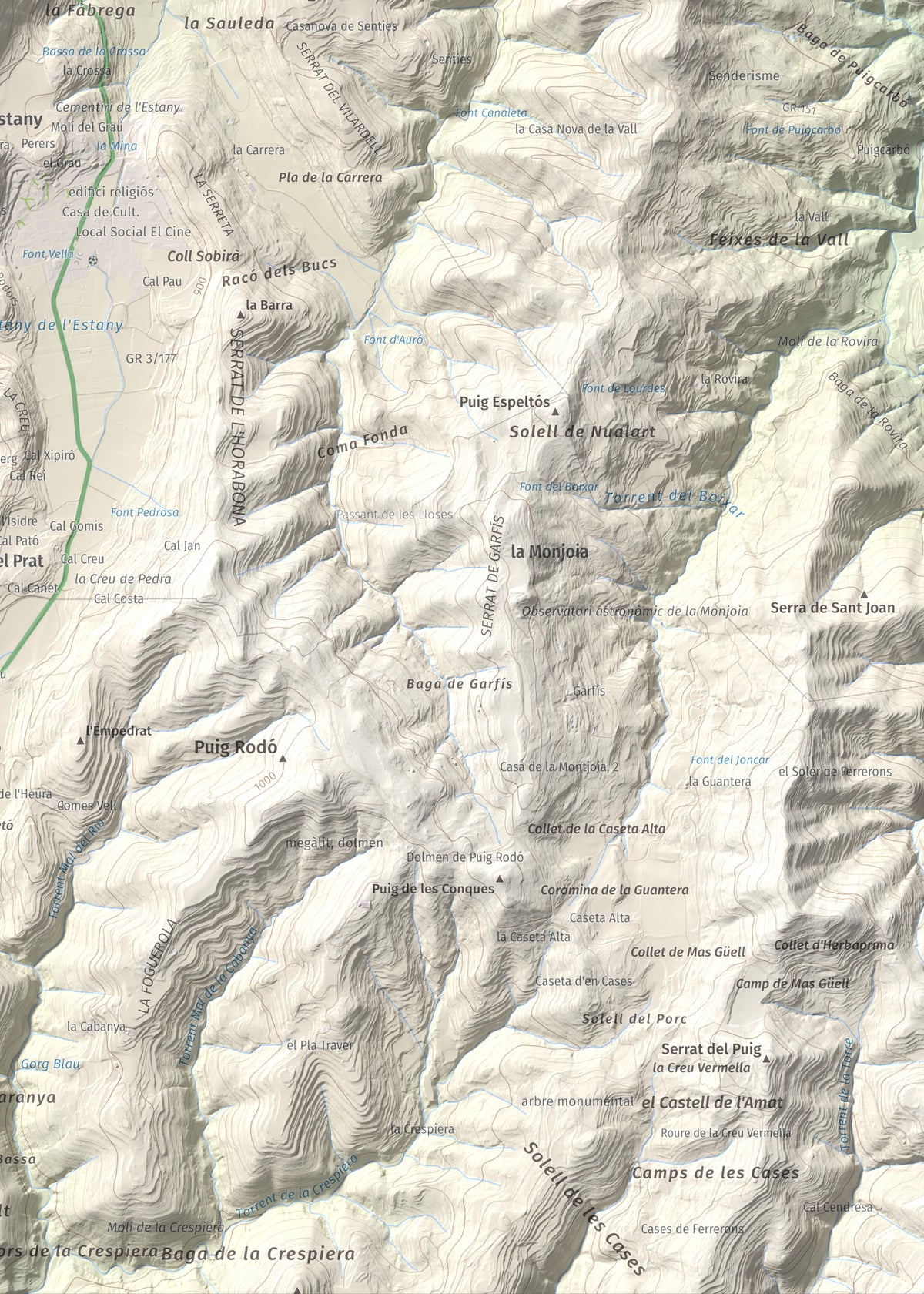 Mapa de relieve de Puig de la Caritat, 1010 m, Moianès, lámina 100 Cims de Trobart. Detalle de la zona inferior derecha. 50 × 70 cm.