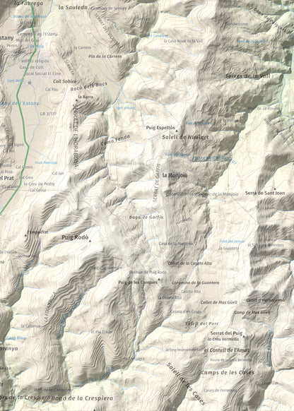 Mapa de relieve de Puig de la Caritat, 1010 m, Moianès, lámina 100 Cims de Trobart. Detalle de la zona inferior derecha. 50 × 70 cm.
