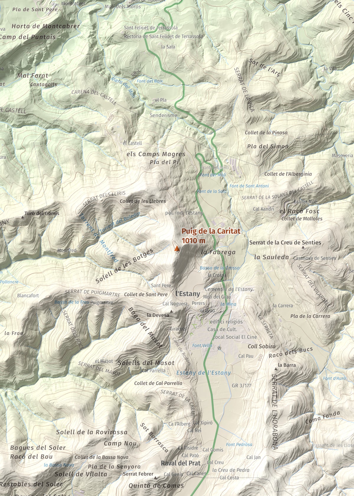 Mapa de relieve de Puig de la Caritat, 1010 m, Moianès, lámina 100 Cims de Trobart. Detalle de la zona central. 50 × 70 cm.