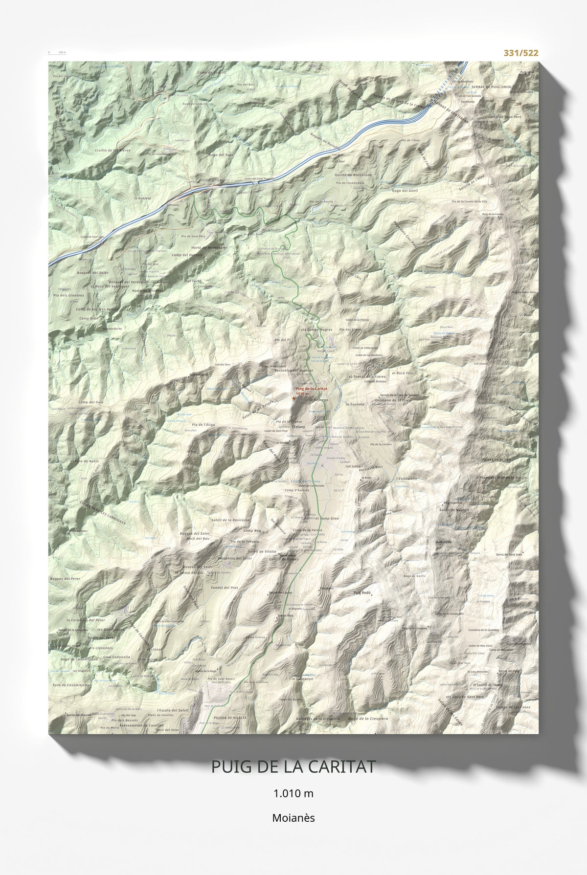 Mapa de relieve de Puig de la Caritat, 1010 m, Moianès, lámina 100 Cims de Trobart 61 × 91 cm.