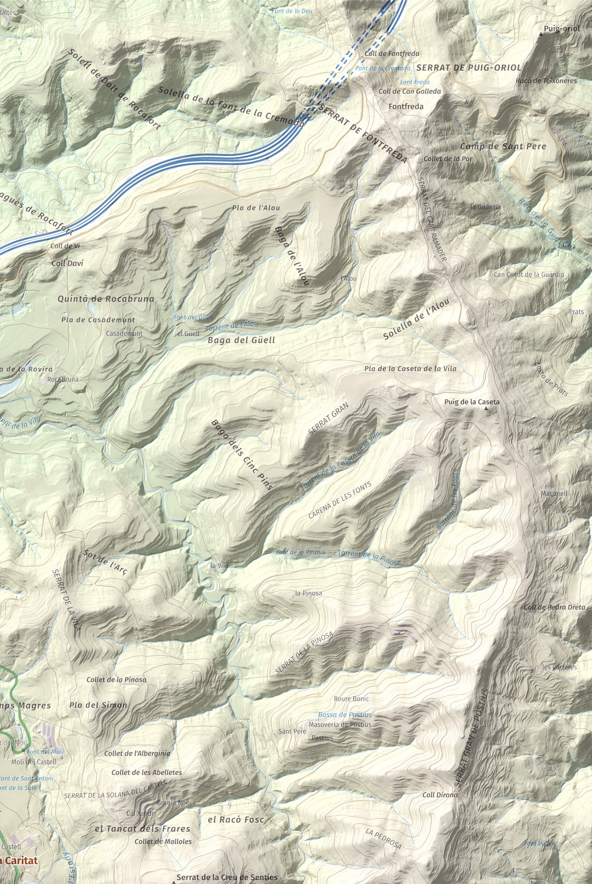 Mapa de relieve de Puig de la Caritat, 1010 m, Moianès, lámina 100 Cims de Trobart. Detalle de la zona superior derecha. 61 × 91 cm.