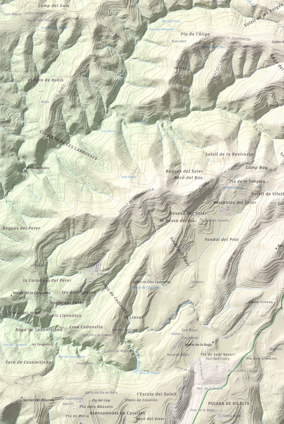Mapa de relieve de Puig de la Caritat, 1010 m, Moianès, lámina 100 Cims de Trobart. Detalle de la zona inferior izquierda. 61 × 91 cm.