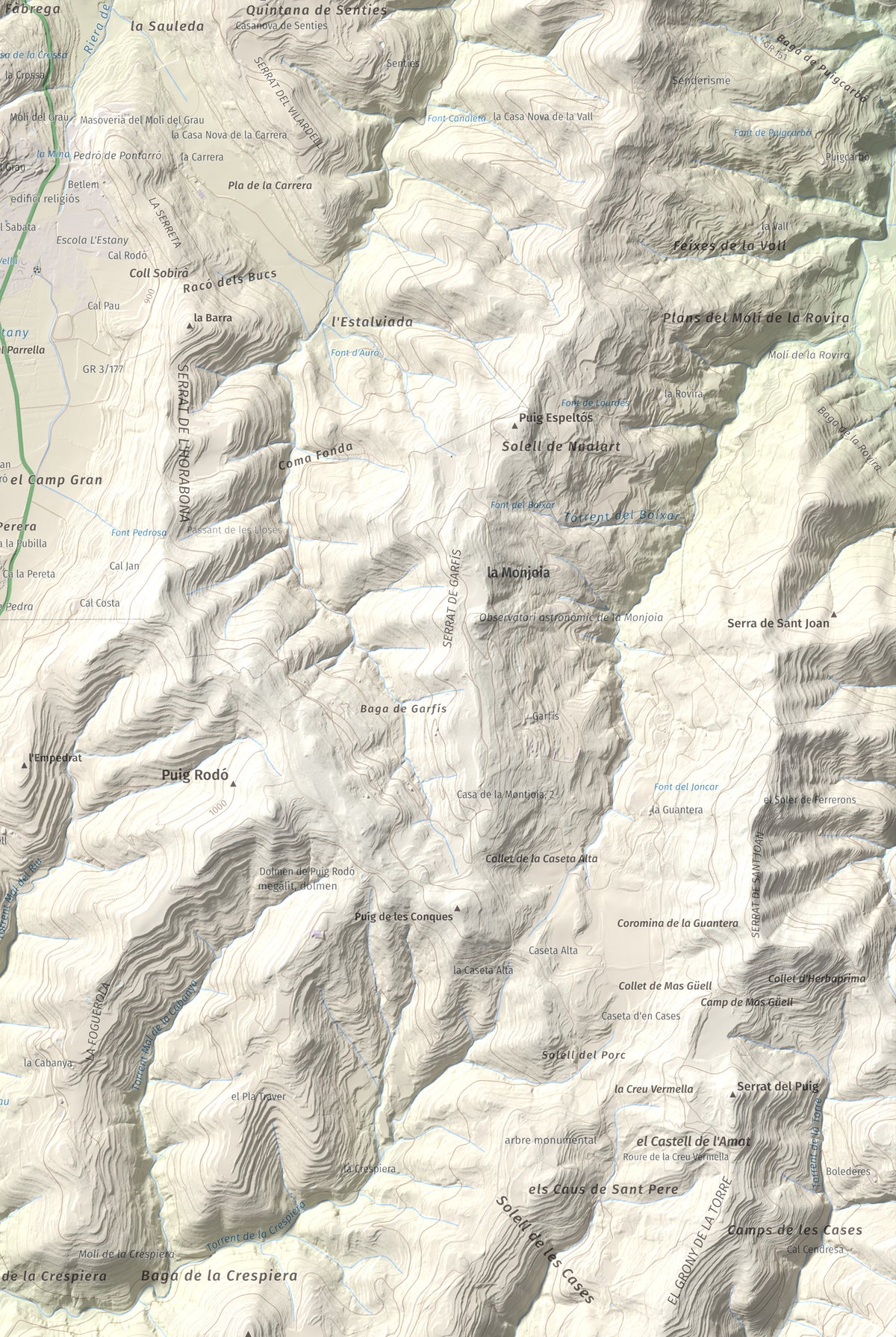 Mapa de relieve de Puig de la Caritat, 1010 m, Moianès, lámina 100 Cims de Trobart. Detalle de la zona inferior derecha. 61 × 91 cm.
