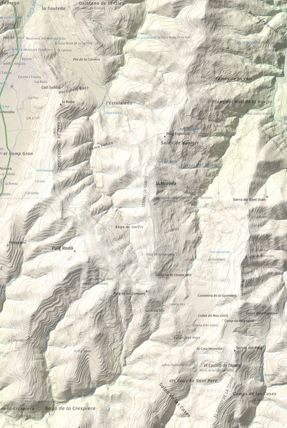 Mapa de relieve de Puig de la Caritat, 1010 m, Moianès, lámina 100 Cims de Trobart. Detalle de la zona inferior derecha. 61 × 91 cm.