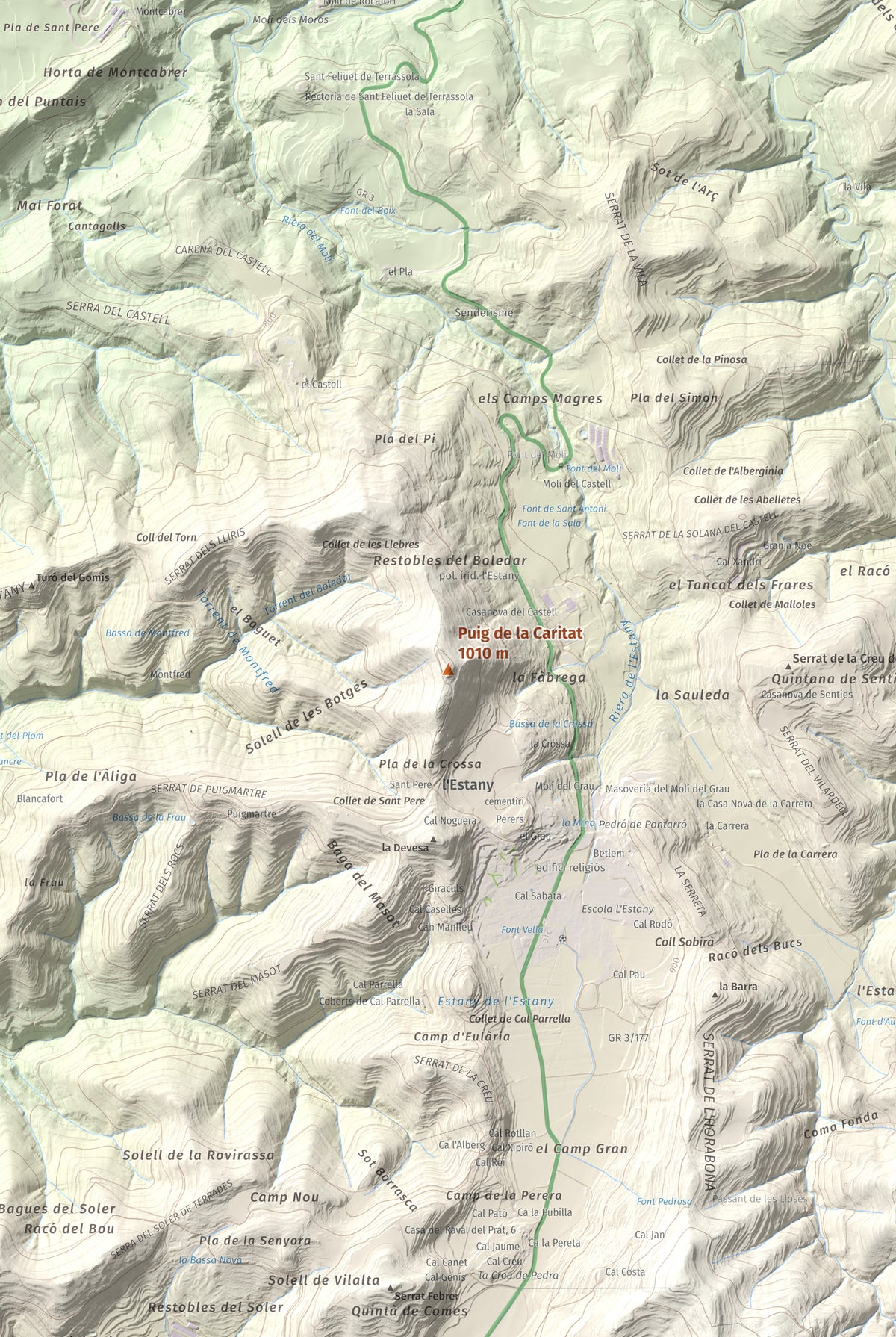 Mapa de relieve de Puig de la Caritat, 1010 m, Moianès, lámina 100 Cims de Trobart. Detalle de la zona central. 61 × 91 cm.