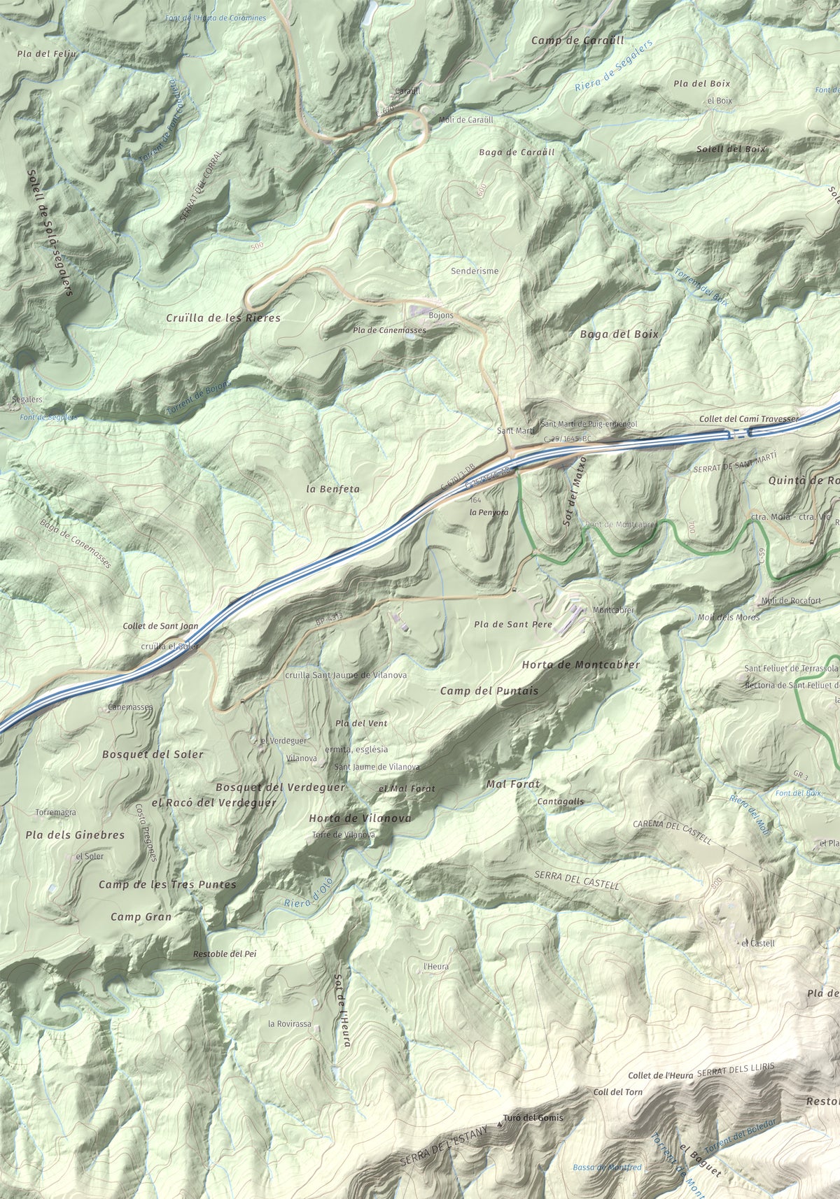 Mapa de relieve de Puig de la Caritat, 1010 m, Moianès, lámina 100 Cims de Trobart. Detalle de la zona superior izquierda. 70 × 100 cm.