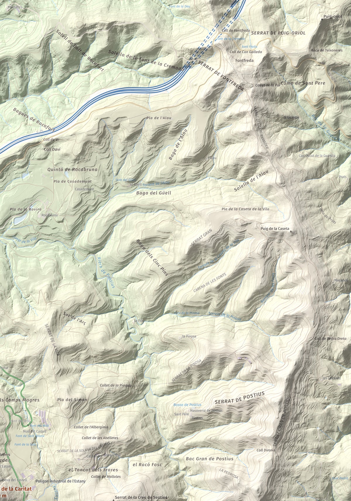 Mapa de relieve de Puig de la Caritat, 1010 m, Moianès, lámina 100 Cims de Trobart. Detalle de la zona superior derecha. 70 × 100 cm.