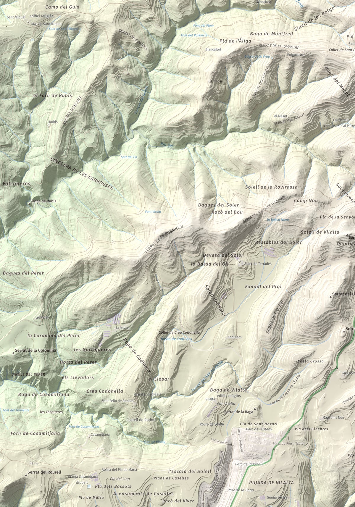 Mapa de relieve de Puig de la Caritat, 1010 m, Moianès, lámina 100 Cims de Trobart. Detalle de la zona inferior izquierda. 70 × 100 cm.